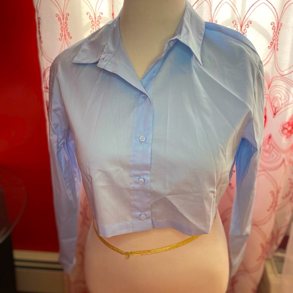 Blue crop button up top